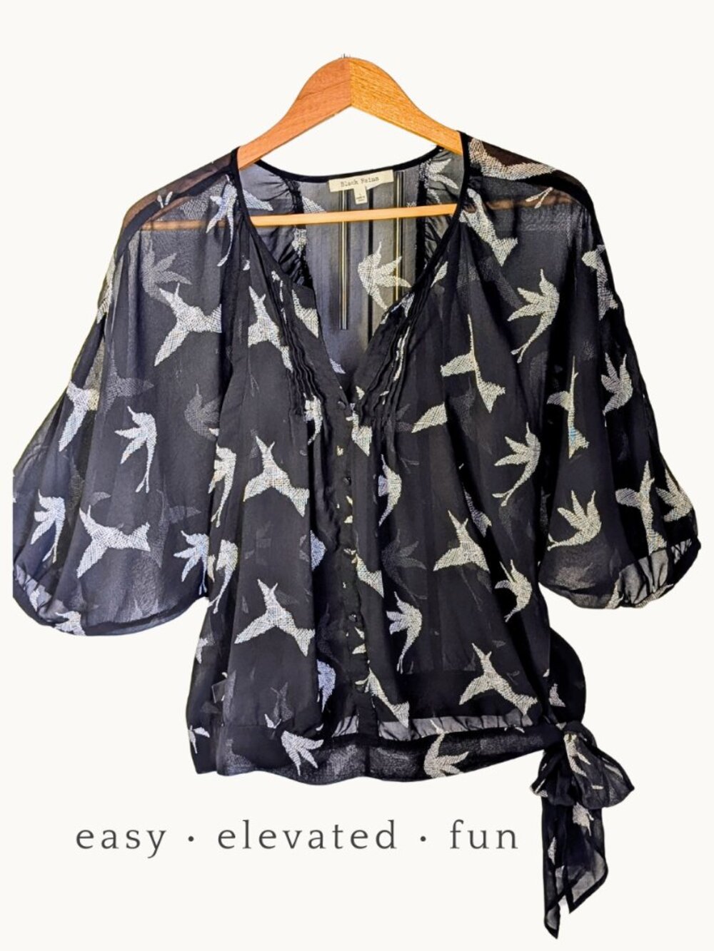 Sheer Hummingbird Print Blouse Dolman Sleeve Tie Waist Flowy Chic L Black Rainn